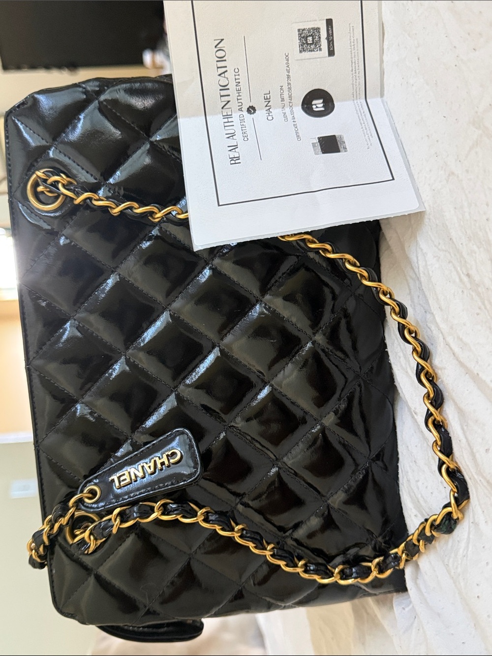 CHANEL Vintage ‘97 Black Quilted Patent Shoulder Bag with Gold Chain Strap